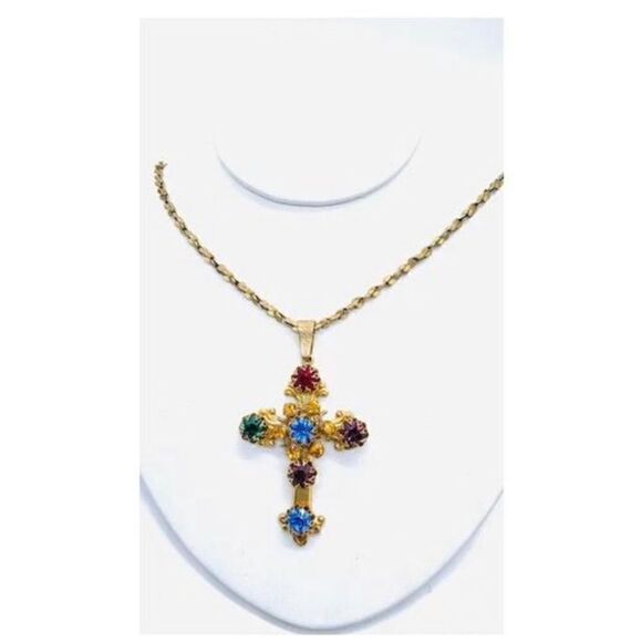 Miriam Haskell Vintage Jeweled Cross Pendant & Necklace - Picture 1 of 7